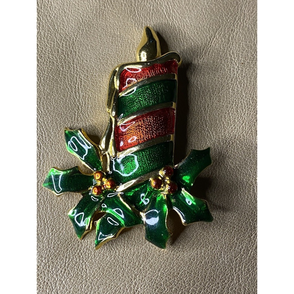 Candle Decor W/Poinsettias Christmas Brooch Red/Green Enamel Over Metal By Jones
